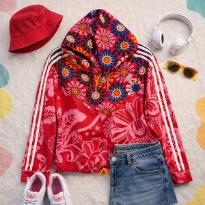 Adidas X FARM RIO Red Pink Floral L sleeve Pull On Loose Fit Hoodie. Ladies XL